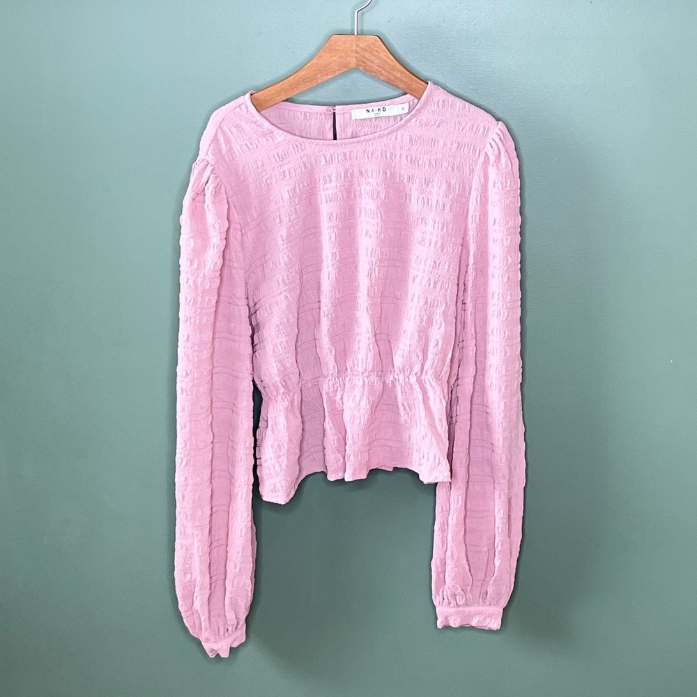 NA-KD Rose Pink Structured Blouse Textured Peplum Puff Sleeve Top โ EU 36 (US S)